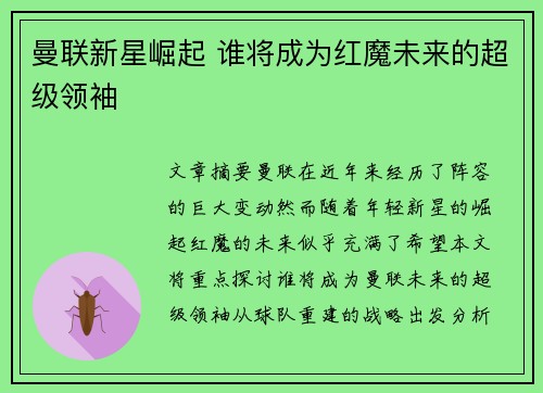 曼联新星崛起 谁将成为红魔未来的超级领袖