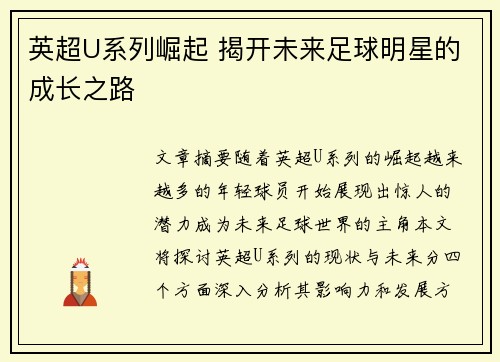 英超U系列崛起 揭开未来足球明星的成长之路